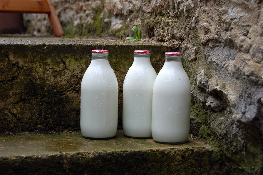 Milk bottles on a step