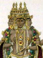 Painted engraving of Brahma showing his four heads