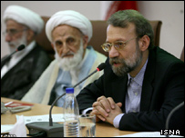 از راست به چپ: لاریجانی، خزعلی، جنتی در جلسه فراکسیون غدیر