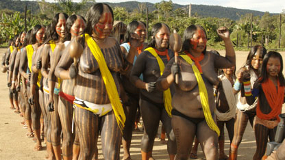 Kayapo women line up for a traditional dance