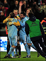 Manchester City players celebrate after winning a penalty shoot out against AaB Aalborg (Getty Images)