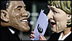Oxfam demonstrators dressed as Barack Obama and Angela Merkel