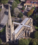 an aerial view of the church