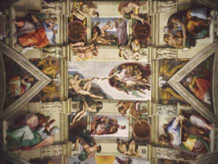 Famous Michaelangelo painting of the creation of Adam on the ceiling of the Sistine Chapel. In the middle, God and Adam reach out to touch each other's hand