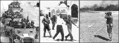 Ảnh trái: Quân đội Israel tiến vào Sa mạc Sinai; Ảnh giữa: Tù binh Ả Rập tại Jerusalem; Tướng Ariel Sharon đang theo dõi chiến sự tại Sinai