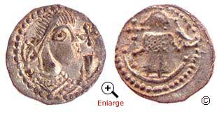 Silver penny minted in Kent around 720. Obverse (left) reverse (right)