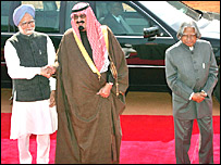 राष्ट्रपति अब्दुल कलाम, प्रधानमंत्री मनमोहन सिंह और सऊदी अरब के शाह अब्दुल्ला