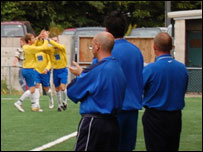 Durham AFC celebrate a goal against Darlington FC.