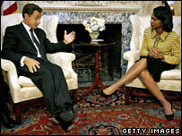 Nicolas Sarkozy e a secretária americana de Estado dos EUA, Condoleezza Rice