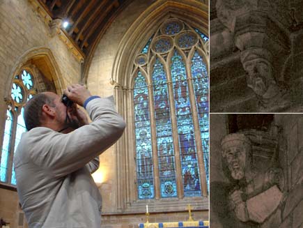 Left-hand side: Martin Palmer stands inside a church, with stained-glass window and altar in background, looking up towards the ceiling through binoculars.  Top right and bottom right: carved faces of knights in the stonework high up in the church