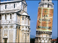 Leaning tower of Piza, dressed as a sauce bottle