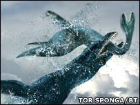 تصوير ساختگی از پلايوسور درحال حمله به يک موجود ديگر