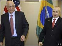 O secretário do Tesouro dos EUA, Henry Paulson, e o ministro da Fazenda, Guido Mantega, neste sábado 