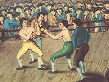 Richard Humphreys a Medoza yn paffio yn Hampshire Engrafiad lliw o Humphreys a Mendoza yn paffio yn yr awyr agored - engrafiad gan T Grozer ac R Einsle yn y llyfr British Boxing, Collins