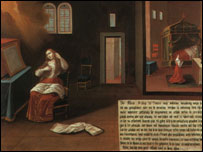 Mary Ward’s vision of God’s glory as she looks in the mirror and combs her hair.  From the ‘Painted Life’, © Geistliches Zentrum Maria Ward Augsburg a