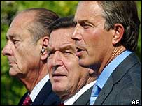 Francuski predsednik Širak, nemački kancelar Šreder i britanski premijer Bler