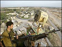 Netzarim yerleşiminde nöbet tutan bir İsrail askeri