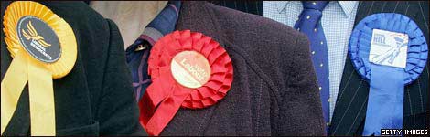 Rosettes for UK Liberal Democrats, Labour and Conservative parties
