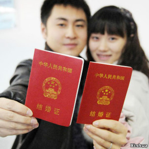 一對新人展示結婚證