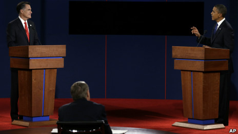 美國現任總統奧巴馬與共和黨總統候選人羅姆尼在丹佛正式展開2012年總統大選首場辯論(03/10/2012)
