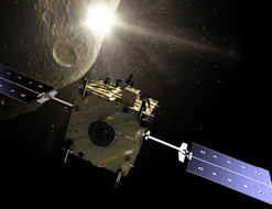 The Impactor spacecraft smashes into the asteroid, observed by the Orbiter spacecraft (credit: ESA - AOES) Medialab)