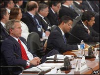 O presidente dos EUA, George W. Bush (esq), na primeira sessão da cúpula de Monterrey