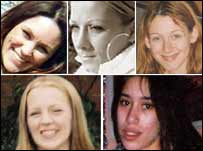 Do topo, sentido horário: Annette Nicholls, Anneli Alderton, Paula Clennell, Tania Nicol e Gemma Adams