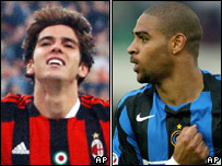 Kaká, do Milan, e Adriano, da Inter de Milão
