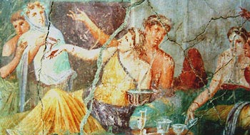 A Pompeian wall painting depicting a Roman dinner party, from the 'House of the Chaste Lovers'
