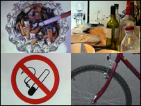 Ashtry, food, bottles, no smoking sign, bike