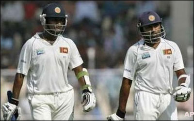 Mahela (r) and Prasanna Jayawardene during the first Test at Ahmedabad