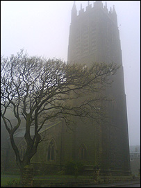 Fog shrouds Saltburn's Emmanuel Church.