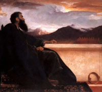 King David sits in contemplation, with his crown discarded at his feet, looking up at the sky, where there are mysterious shapes that could be cloud formations, birds or angels