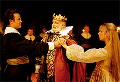Pictured: All's Well That Ends Well - Gary Waldhorn (King of France), Claudie Blakley (Helena), Jamie Glover (Bertram). Photographer: Manuel Harlan. Copyright: Royal Shakepeare Company