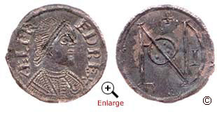 A silver penny from the reign of Alfred, King of Wessex 871-899. Minted in London around 880. Obverse (left) reverse (right)