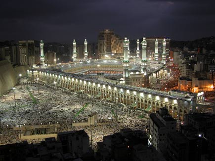 Aerial view of Mecca lit up at night