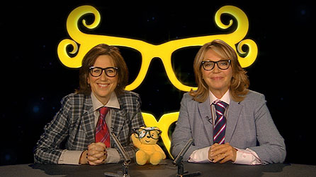 Kirsty Young and Kirsty Wark as The Two Ronnies