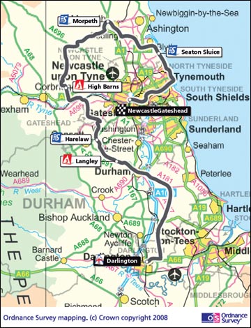 2008 Tour of Britain, Stage Six route map. Copyright Ordnance Survey. 