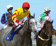 Jockeys getting ready to race on the beach