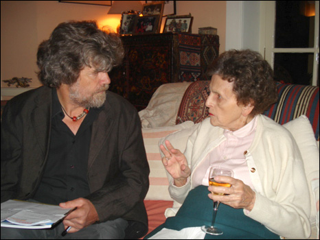 Elizabeth Hawley  deep in conversation with the Italian climber Reinhold Messner