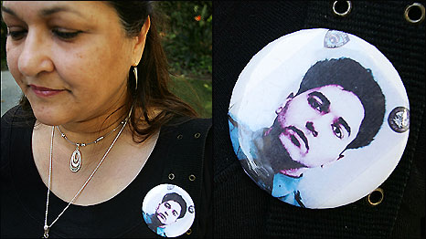 A badge with an image of the late Mohammed Salman Hamdani, worn by his mother Talat Gilani Hamdani. Photo: David McNew/Getty Images