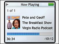 Tela de iPod exibindo o programa da FM britânica Virgin Radio 