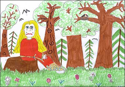 Dwynwen yn crïo yn y goedwig