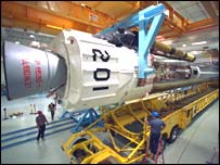 Construção do foguete Atlas para lançamento de satélites