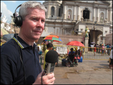 Mike Costello recording outside a church in Manila, Philippines