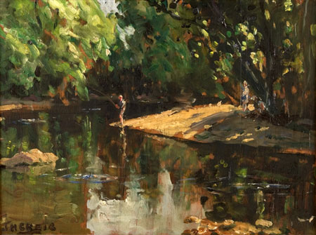 River with Angler by James Herbert Craig 1878-1944, copyright North Down Borough Castle