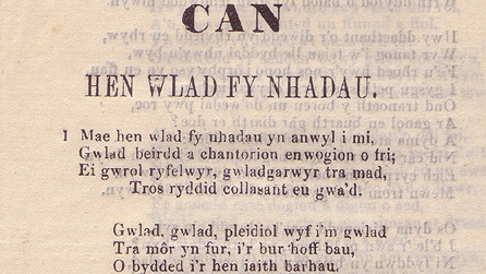 Pamffled yn dangos geiriau'r anthem