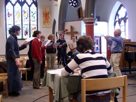 Clair Jaquiss, Nigel Swinford conducting the Daily Service Singers, the organ and a technician - ready for broadcast