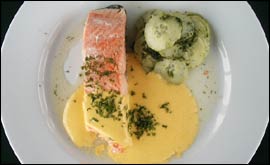 Poached Salmon, Hollandise sauce and Pickled cucumber.