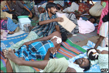 Injured civilians resting at a makeshift hospital in Sri Lanka